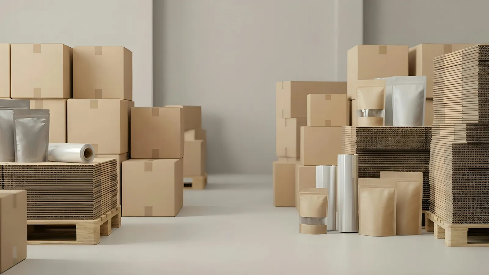 Stacked cardboard boxes, pouches and packing supplies on pallets in a storage room