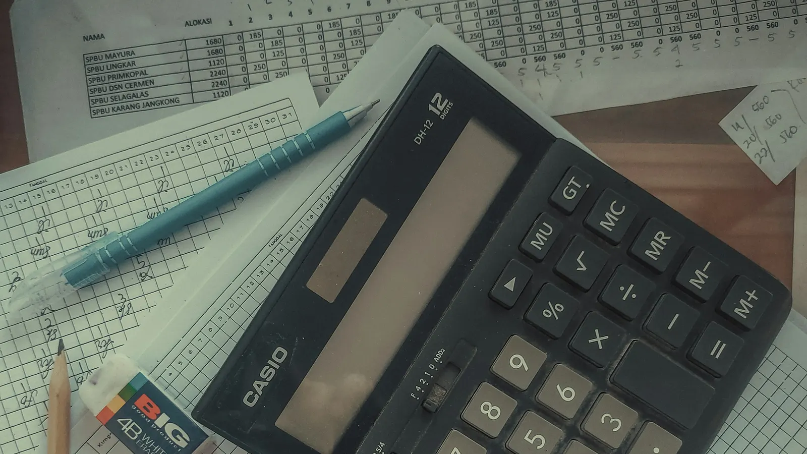 Calculator, pen and pencil lying on handwritten ledger sheets and printed tables of figures